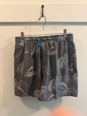 Huk Gray Swim Trunks with Blue Drawstring and Light Leaf Print